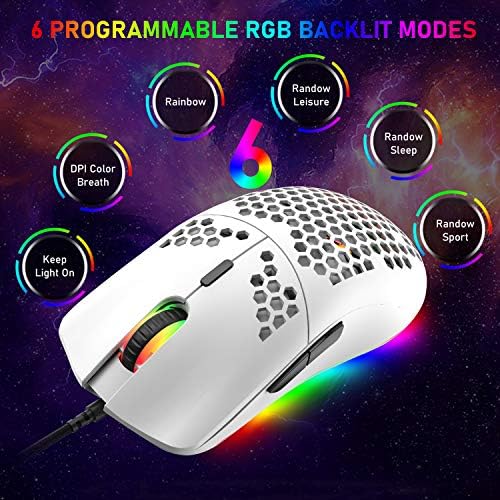 Ziyoulang Wired Gaming Mouse, 69g Honeycomb Shell Mouse leve com 6400 dpi, 6 botões de jogo de jogos USB programáveis,