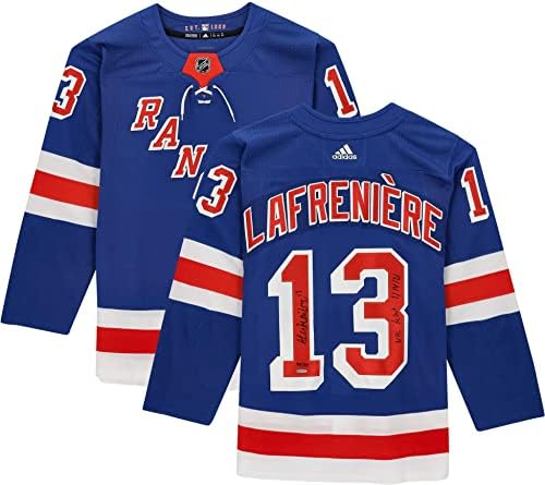 Alexis Lafreniere New York Rangers autografou a adidas Blue Authentic Jersey com a inscrição NHL de estréia 1/14/21 - edição