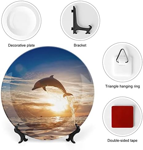 Dolphin Jumping Surface do mar ao pôr do sol Placa decorativa de osso vintage com exibição Stand Plate Cute Gift Home Decor