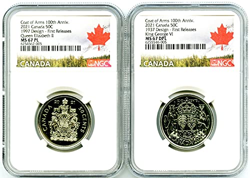 CA 2021 1997 1937 Rainha Elizabeth & King George VI 100º Aniversário Brasão de Armas 50 Cent com 2-Coin Set First Lançamentos PL e DPL NGC MS67