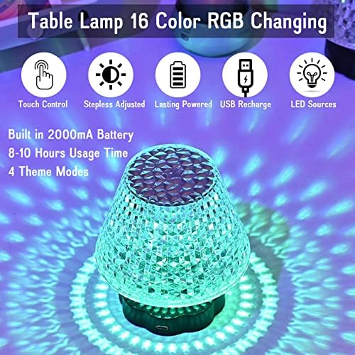 Lâmpada de mesa de cristal 16 cores com controle de toque, LED RGB 4 MODE 4 MODO ROSE DIAMENTO ACRYLIC Night Light para quarto, sala de estar, decoração de festa, jantar à luz de velas, bar…