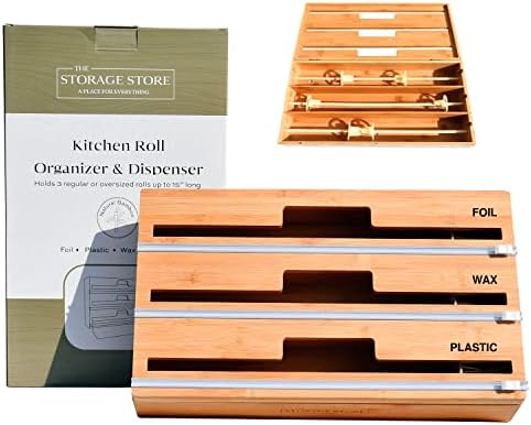 A loja de armazenamento - XL 3in1 Organizador de embalagem de cozinha, se encaixa na maioria dos rolos Costco de até 15 de comprimento, 2,5 de altura, de bambu, cera, papel alumínio e plástico com cortador, rótulos