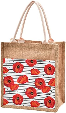 Cataku Jute Tote Red Poppy Stripes forrated Surlap Tote Sags com alças sacos de supermercado reutilizáveis ​​para mulheres
