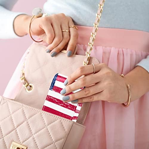 Bandeira americana pequena estojo de batom com espelho para bolsa, suporte de maquiagem cosmética de couro durável, kit de armazenamento cosmético portátil de viagem portátil