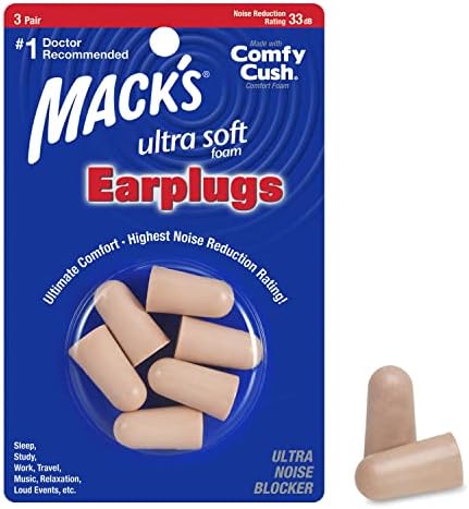 Tampões para ouvidos de espuma Ultra Soft de Mack, 3 pares - NRR mais alto de 33dB, plugues de ouvido confortáveis ​​para dormir, ronco, viagens, concertos, estudos, barulho alto, trabalho