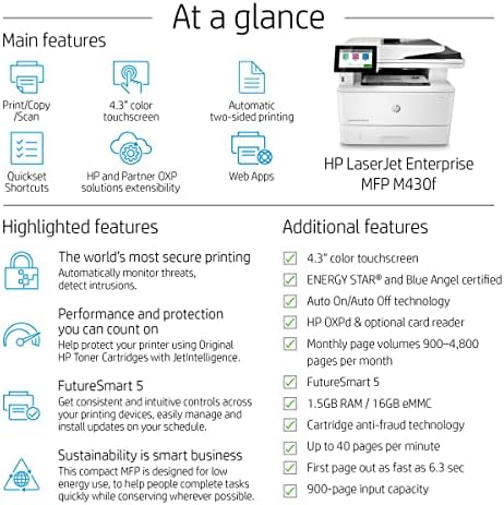 HP LaserJet Enterprise MFP M430F Impressora a laser monocromática com fio all-in-one-Print Scan Cópia Fax-40 ppm, 1200x1200 dpi, memória de 2 GB, impressão duplex automática, 50 folhas, Ethernet