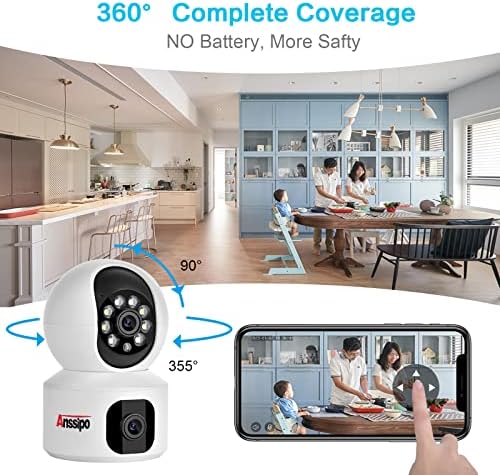 Monitor de bebê wifi interno Anssipo com câmera e áudio, 2MP HD PTZ Smart Home Lens Dual 360 ° Ver câmera IP de segurança