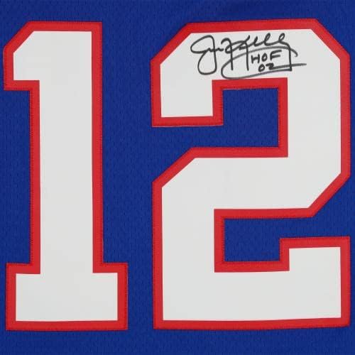 Jim Kelly Buffalo Bills autografou Mitchell & Ness Blue Réplica Jersey com inscrição HOF 02 - camisas da NFL autografadas