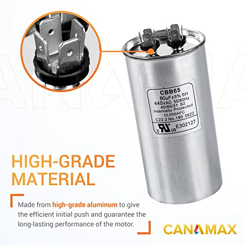 Canamax 80 UF ​​± 5% MFD 370 ou 440V Capacitor de execução redonda - Substituição para ar condicionado 50/60Hz para execução do motor