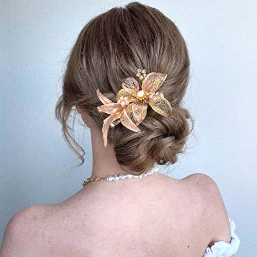 Campsis Flower Wedding Hair Clip Glod Copper Wire Metal Crystal Hair Barrettes Rhinestones Fancy Cabelo grande Cabinete