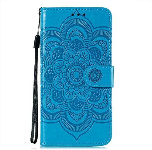 Lemaxelers para Galaxy A42 5G Caso Flip Premium Phone Case de telefone PU Mandala Mandala Cover à prova de choque em relevo com tampa do suporte para o Kickstand Card para Samsung Galaxy A42 5G Mandala Blue Ld