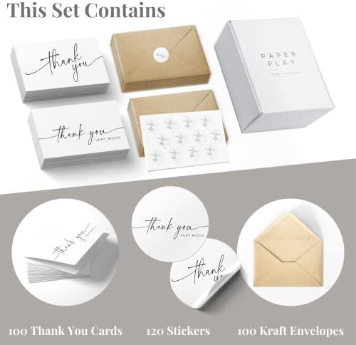Play Play 200 Cartões de agradecimento com envelopes e adesivos Kraft