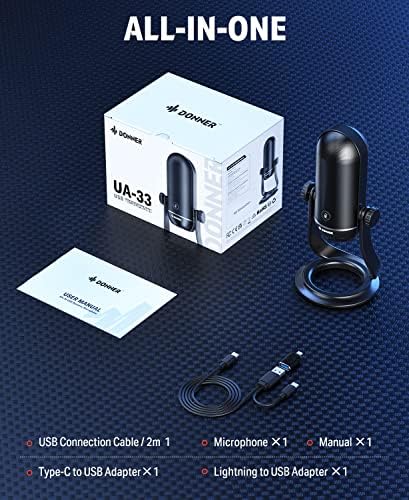 Donner Microfone USB, microfone de jogo de condensador de computador com monitoramento de fone de ouvido, microfone compatível com