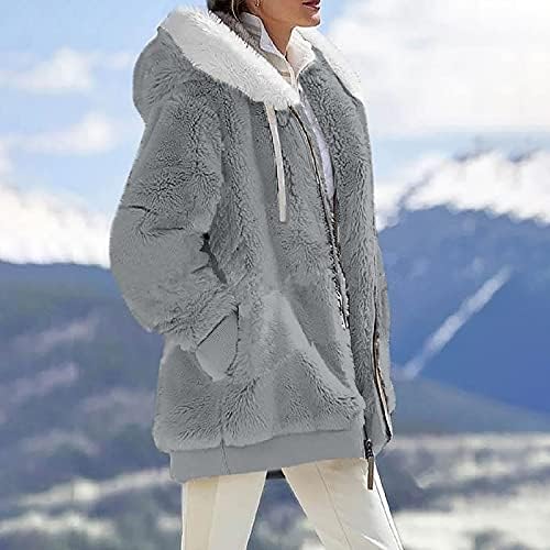 Jaquetas de inverno Zefotim para mulheres, mulheres da moda Soild Plush Zipper Capeled Coat solto quente manga longa bolsos de