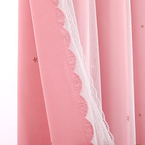 Cortinas rosa de Mightree para o quarto de meninas, escavação de camadas duplas de estrela e pura com cortinas da janela da bainha de renda, cortinas para o quarto de crianças, 52 WX 63 L