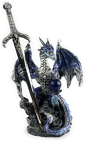 Não é bom dragão estátua azul com espada medieval dragão e bola de cristal