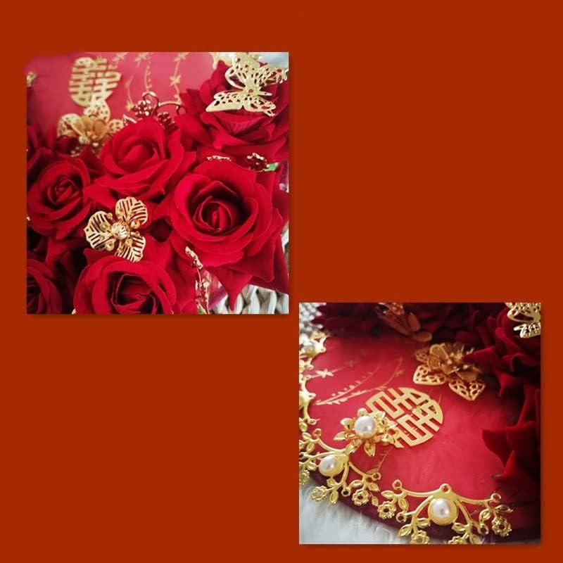 SXDS Rosas Artificiais Terguando Ferros Vermelhos Fan Bouquet Fã de Mão de Metal de ouro chinês Acessórios para fãs de mão