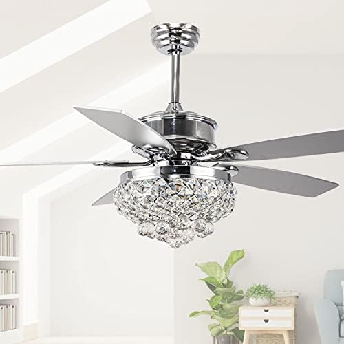 Ventilador de teto de cristal de capa whmetal com controle remoto de luzes, ventiladores de teto de candelabro de 52 com 5 lâminas