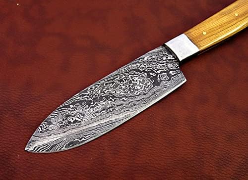 Damasco Steel Blade Kitchen Santoku Knife, escala natural de madeira de Kow, 10,5 polegadas de comprimento com padrão de