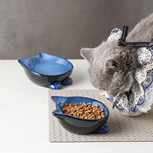 NiHow Cerâmica Basic Basic Bowls: 5 polegadas Tigela de gato para comida e água - Comida de gato de grau para gatos de tamanho pequeno - Microondas e lava -louças Safe -legant Blue & Black