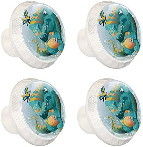 Botões de gaveta de cerveja para meninos botões de cômoda de dinossauros fofos botões de gabinete de vidro de cristal 4pcs imprimem botões redondos berçários botões decorativos