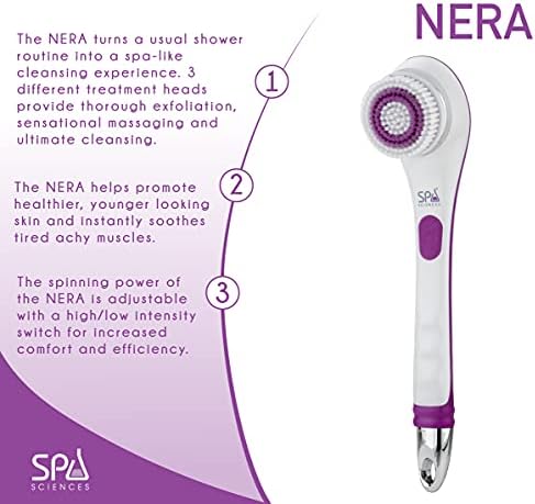 Ciências do Spa - escova de chuveiro alimentada por Nera - 3 em 1 Back e escova corporal - esfoliação, limpeza, massagem - Para todos