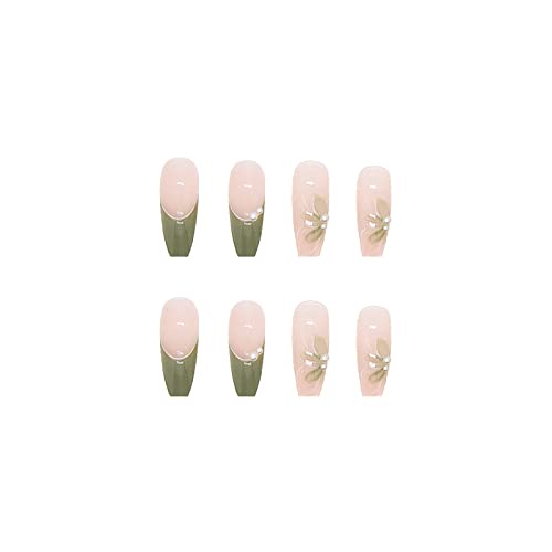 24 PCs French Nails Pressione, Camellia média com pérolas de design de pérolas em unhas, prensagem francesa quadrada em