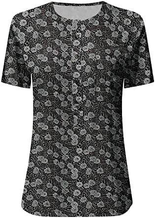 T-shirt de verão feminino Nokmopo Top casual de linho de linho de linho de linho impresso de colarinho de colarinho de mangas