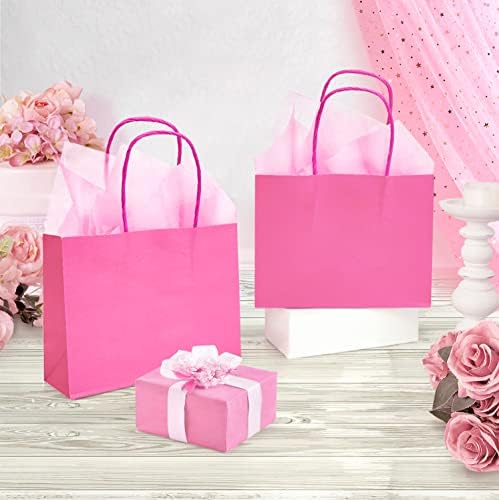 Djinnglory 24 pacote mini pequenos sacolas de papel rosa quente com alças e 24 papel de papel de seda rosa para festas de chá de