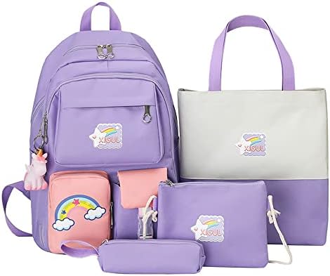 Duobaoyu Unicorn Backpack 4pcs Estabeleça grande capacidade estética Rainbows School Saco 17 em Backpack Kawaii Bookbag Kawaii com charme de unicórnio, bolsa, bolsa de ombro, caixa de lápis, roxo
