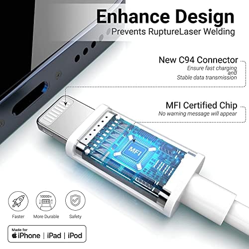 iPhone 12 13 14 Carregador [certificado MFI] 20W PD USB C Carregador de parede com cabo longo de 10 pés Tipo C para Lightning