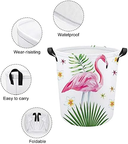 Colourlife Basca à prova d'água de lona cesta de lavanderia única flamingo rosa e folhas tropicais BINS Organizador de armazenamento de roupas de brinquedo dobrável com alças