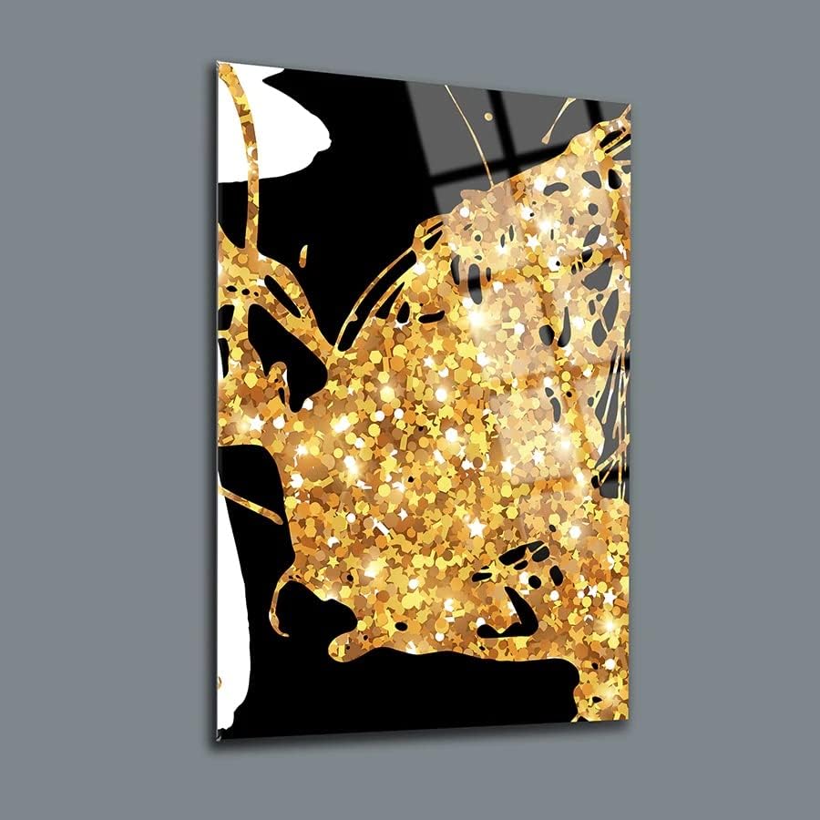 Conjunto de fluxo de ouro de 3 decoração de parede, arte da parede de vidro, painel de vidro temperado sem moldura sem moldura,