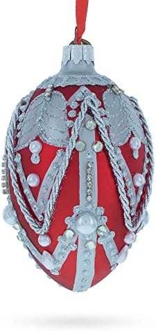 Cordas de prata no ornamento de Natal de ovo de vidro vermelho 4 polegadas