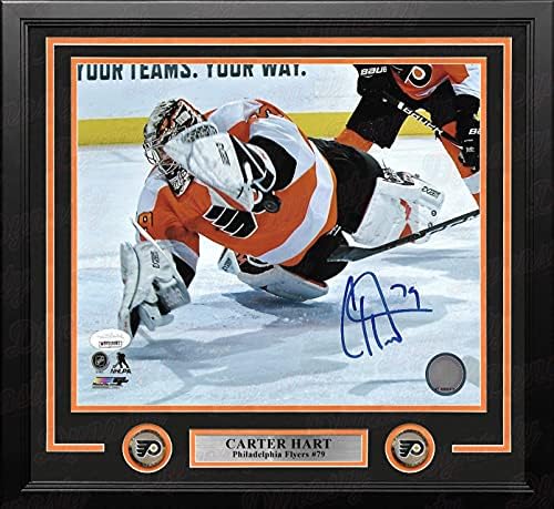 Carter Hart Diving Save Philadelphia Flyers autografou 11 x 14 foto de hóquei emoldurada - JSA autenticada