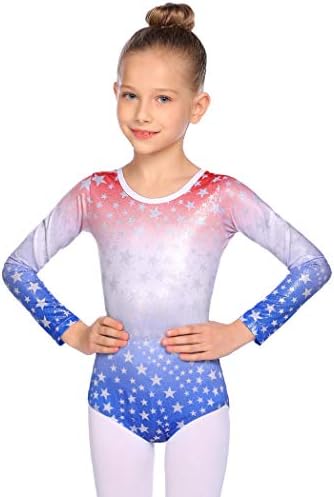 Zaclotre Girls Sparkling Stars Gymnastics Leotards de manga longa para crianças patrióticas dos EUA