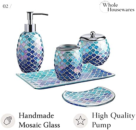 Ushas Housewares 5-Pieces Mosaic Glass Banheiro Acessórios para banheiros, dispensador de sabão, bandeja/sabão e manobra