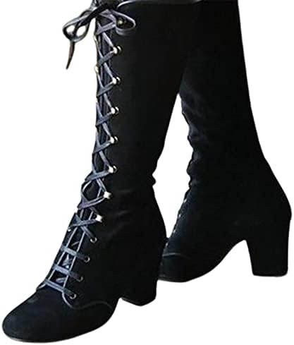 Badhub Women's High Heel Mid Boots Boots Elegant Vintage Faux Suede Lace-up Botas de salto grossa Casual Fashion Autumn Winter Shoes