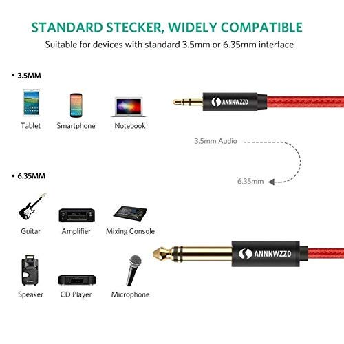 Annnwzzd 3,5 mm a 6,35mmtrs Cabo de áudio estéreo 6 pés 2 pacote 6,35 1/4 masculino a 3,5 1/8 masculino auxiliar