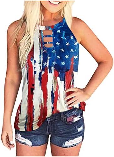 Tshirts de estampa de estrela da bandeira dos EUA para feminino outono de verão sem mangas de barcos cortados
