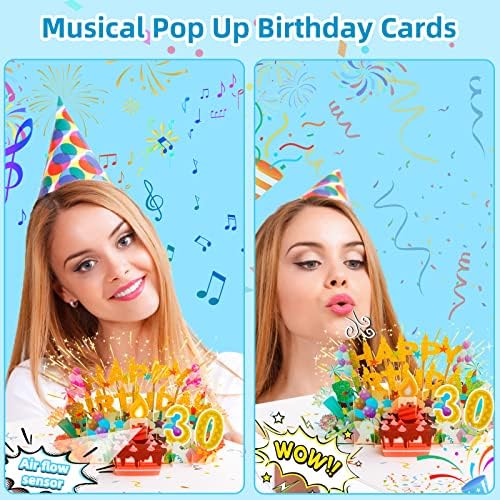 Vocavi 30th Musical 3D Pop -up Cartão de aniversário com vela leve e soprável, cartão de aniversário engraçado com