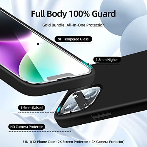 JTWIE [5 em 1 para iPhone 14 Case 6,1 polegadas, com protetor de 2 pacote de tela + 2 protetor de lente de câmera de embalagem, líquido de silicone de choques de choque slim capa
