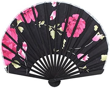 QtqGoitem Polyester Flower Printing Chinese Hand Fan Black for Lady