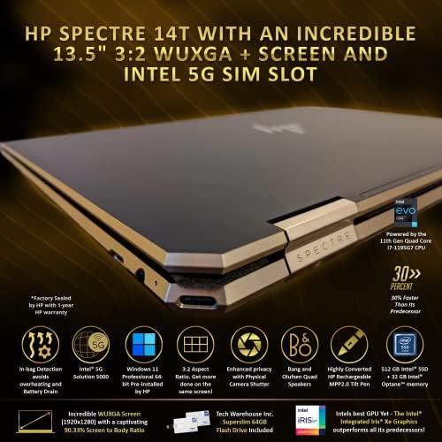 HP Specter X360 Luxo 14T, 13,5 3: 2 Wuxga Touch, Intel i7-1195G7, 16 GB de RAM, 512 GB SSD+32 GB optano, Intel 5g Nanosim Slot, flashdrive flan
