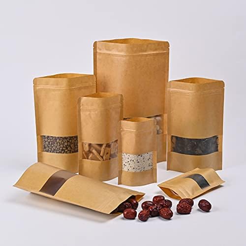 Fafeicy 200pcs sacos seláveis ​​para embalagens, papel kraft stand up bolsa com zíper e janela selvagem para comida