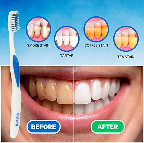 Sensação de cuidados de escudo Especialista escova de dentes com tampa de cuidados, remove manchas de placa e superfície, alça de borracha ergonômica, cerdas macias, ideais para adultos, 12 contagem