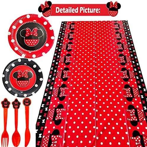 Red Black Mouse Party Supplies Minnie temática Decorações de aniversário para 10 hóspedes inclui banner de feliz aniversário,