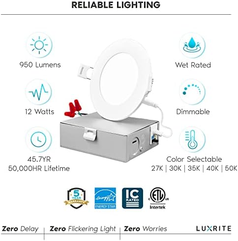Luxrite LED Ultra Fin LED de 4 polegadas com J-box, 12w, 5 cor selecionáveis ​​2700k-5000k, 950 lúmens, luzes de wafer LED diminuídas, alta saída, classificação úmida, classificação IC, Energy Star Star, estrela