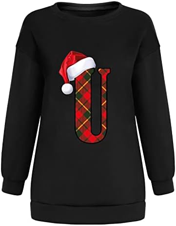 Swetons de Natal para mulheres Manga longa U Carta impressão Sweater Sweater Casual Crewneck Pullover top com grandes dimensões