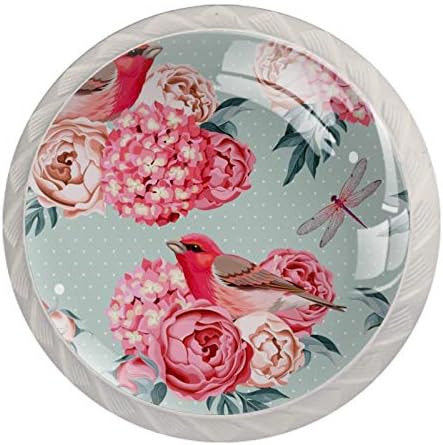 Idealiy Pink Spring Flowers and Birds Gabinete Maçanetas de porta Pulls Cupbondle Handles Drawer Wardrobe 4pcs